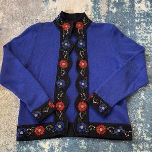 Vintage Blue Cardigan with beaded floral placket and cuffs novelty sweater